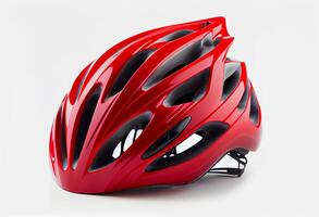 rouge casque de une cycliste sur une blanc Contexte. ai généré. photo