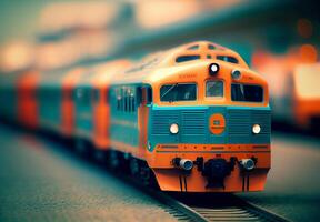 Orange train arrive à le chemin de fer gare. ai généré. photo