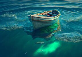 en bois bateau dans Azur l'eau. ai généré photo