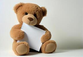 mignonne marron nounours ours avec une feuille de papier. ai généré photo