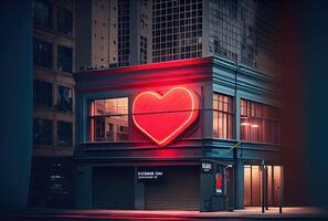 le rouge cœur néon éclairage symbole est dans de face de une bâtiment sur le principale route dans le ville Contexte. signe et symbole concept. numérique art illustration. génératif ai photo