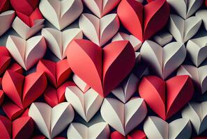 papercut rouge et blanc cœurs origami Contexte. l'amour récit et valentines journée fond d'écran concept. génératif ai photo