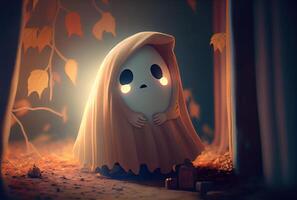 mignonne effrayant en tissu fantôme dans Halloween fête Contexte. marrant personnage art concept. et génératif ai photo