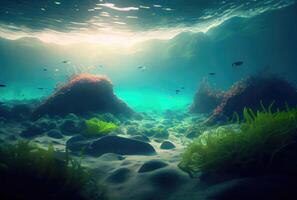 Profond mer et aquatique la vie avec ensoleillement Contexte. numérique art illustration. Marin la vie et sous-marin concept. génératif ai photo