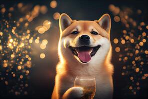 content shiba inu chien avec grillé du vin verre dans fête et d'or bokeh lumière Contexte. animal et animal de compagnie concept. numérique art illustration. génératif ai photo