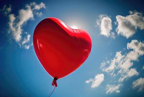 rouge ballon dans cœur forme en volant sur le air avec bleu ciel Contexte. valentines journée concept. génératif ai photo