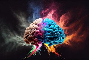 la créativité coloré cerveau exploser avec puissant multicolore par poudre enrobage couleur. numérique art illustration. Profond apprentissage et esprit soufflé concept. génératif ai photo