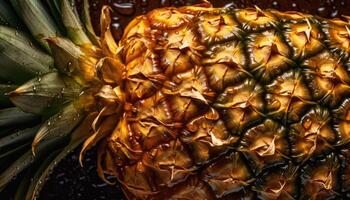 proche en haut de nettoyer Ananas avec l'eau laissez tomber dans foncé noir Contexte. Frais fruit et légume concept. nutrition et vitamine thème. génératif ai photo