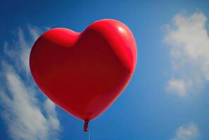 rouge ballon dans cœur forme en volant sur le air avec bleu ciel Contexte. valentines journée concept. génératif ai photo