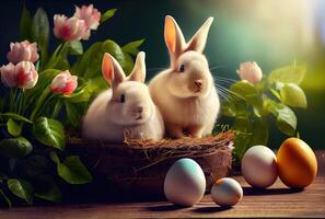 lapins famille dans le nid avec beaucoup coloré Pâques des œufs pour content Pâques journée salutation carte Contexte. animal et animal de compagnie concept. génératif ai photo