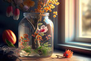 coloré fleurs sont épanouissement de le sol dans le verre bouteille avec ciel illustration fantaisie Contexte. premier journée de printemps et beauté dans la nature concept art. génératif ai photo