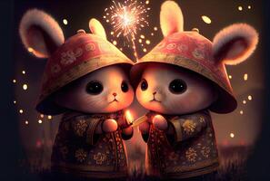 mignonne lapins couple dans chinois tenues vêtements célébrer chinois Nouveau année avec coloré feux d'artifice Contexte. génératif ai photo