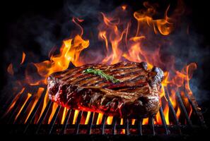 t-bone steak ou portier sur gril avec brûlant Feu flamme. nourriture et cuisine concept. génératif ai photo