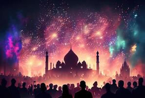 foule gens dans diwali Festival fête avec coloré feux d'artifice sur le ciel Contexte. génératif ai photo