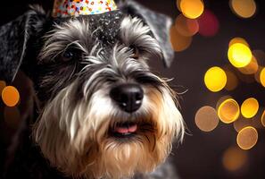 content schnauzer chien dans fête avec bokeh lumière Contexte. animal et animal de compagnie concept. génératif ai photo