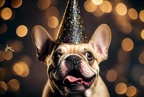 portrait de mignonne content français bouledogue dans le fête fête avec bokeh lumière et confettis dans le foncé Contexte. génératif ai photo