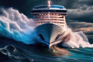 croisière navire rencontres énorme vagues et rage tempêtes. transport et la nature concept. génératif ai photo