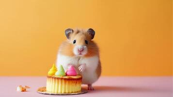 mignonne anniversaire hamster avec gâteau. illustration ai génératif photo