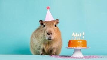 mignonne duveteux capybara dans anniversaire casquette avec anniversaire gâteau illustration ai génératif photo