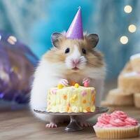 mignonne anniversaire hamster avec gâteau. illustration ai génératif photo