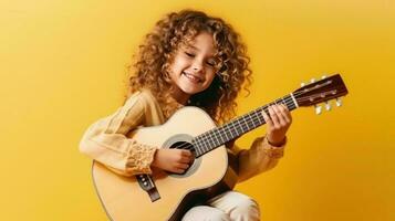 frisé fille avec guitare. illustration ai génératif photo