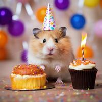 mignonne anniversaire hamster avec gâteau. illustration ai génératif photo