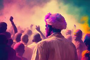 Holi Festival le Festival de couleurs avec foule gens et coloré poudre dans le Indien ville. génératif ai photo