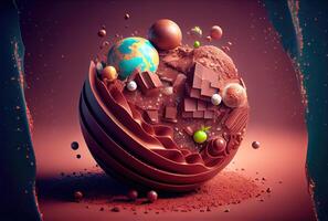 Chocolat dans Terre monde forme sur le sol Contexte. nourriture et sucré dessert concept. numérique art illustration. génératif ai photo