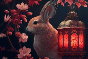 lapin avec Cerise fleur fleurs et chinois lanterne style éclairage dans le nuit. numérique art. génératif ai photo