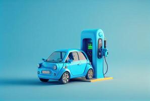 mignonne 3d bleu ev voiture avec électrique mise en charge station chargeur sur isolé Contexte. nettoyer énergie La technologie et transport concept. génératif ai photo