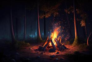 feu de camp dans le foncé forêt. camping et loisir loisirs Activités concept. génératif ai photo