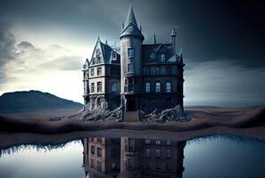 hanté maison vieux abandonné effrayant Château sur le Lac île. Halloween et horreur concept. génératif ai photo