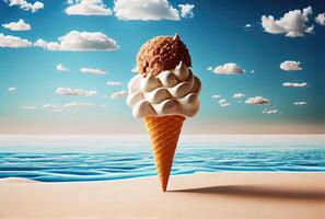 la glace crème cône avec sucré garnitures sur plage mer et bleu ciel dans été Contexte. été nourriture et amusement concept. numérique art illustration thème. génératif ai photo
