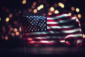 le uni États de Amérique Etats-Unis drapeau avec coloré brillant bokeh lumière Contexte. nation drapeau dans le foncé avec éclairage lumière. nationale journée concept. génératif ai photo