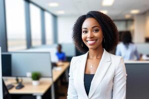 Jeune souriant femme d'affaires, permanent dans brouiller Contexte de bureau. génératif ai photo