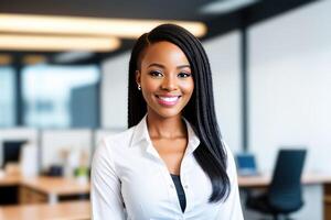 Jeune souriant femme d'affaires, permanent dans brouiller Contexte de bureau. génératif ai photo