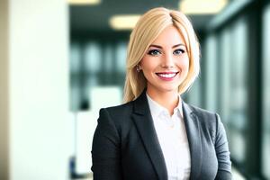 Jeune souriant femme d'affaires, permanent dans brouiller Contexte de bureau. génératif ai photo