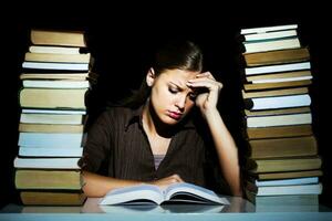 portrait de une stressé femme avec livres photo