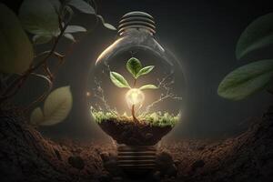 plante croissance en dehors de une lumière ampoule, symbolisant durable énergie et environnementalisme illustration génératif ai photo