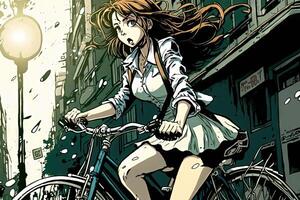 jolie fille équitation une vélo dans le ville, manga style illustration génératif ai photo
