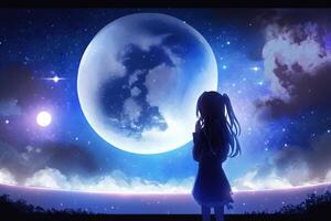 anime fille à la recherche à le lune sur étoilé nuit illustration génératif ai photo