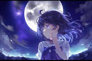 anime fille à la recherche à le lune sur étoilé nuit illustration génératif ai photo