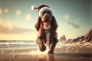 Père Noël claus chien sur le plage cocker épagneul illustration génératif ai photo