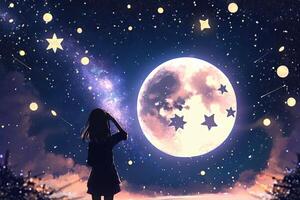 anime fille à la recherche à le lune sur étoilé nuit illustration génératif ai photo