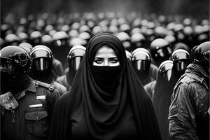 J'ai couru musulman fille yeux détail dans burqa manifestation concept illustration génératif ai photo