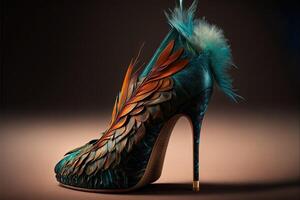 réel oiseau plumes femmes des chaussures avec haute talons génératif ai photo