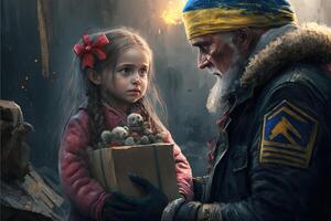 Père Noël claus donnant cadeau à une triste Ukraine guerre peu fille génératif ai photo