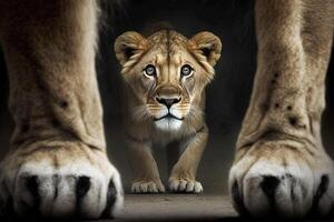 petit Lion entre mère jambes illustration génératif ai photo