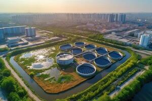 aérien vue de moderne industriel eaux usées traitement plante à le coucher du soleil illustration génératif ai photo