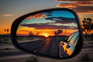 le coucher du soleil sur une voiture miroir illustration génératif ai photo